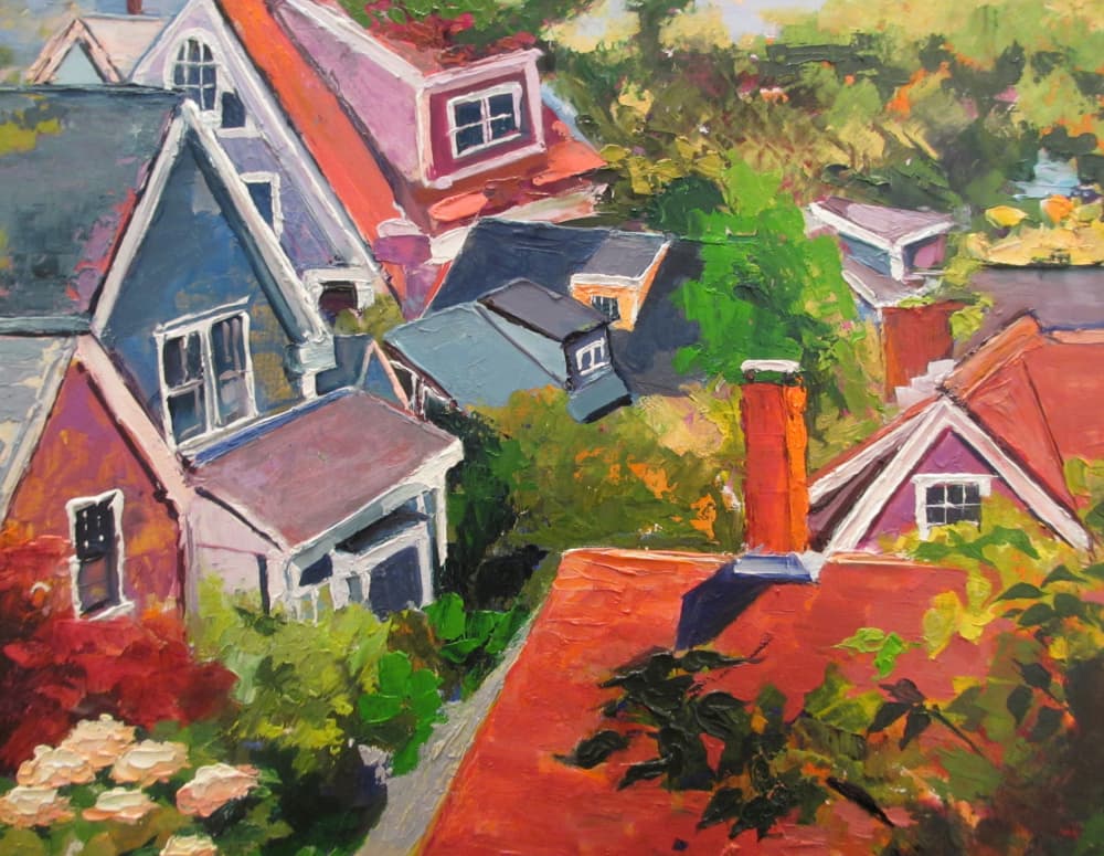 Colorful Village Rooftops by Maxine Shore — canvas wall art
