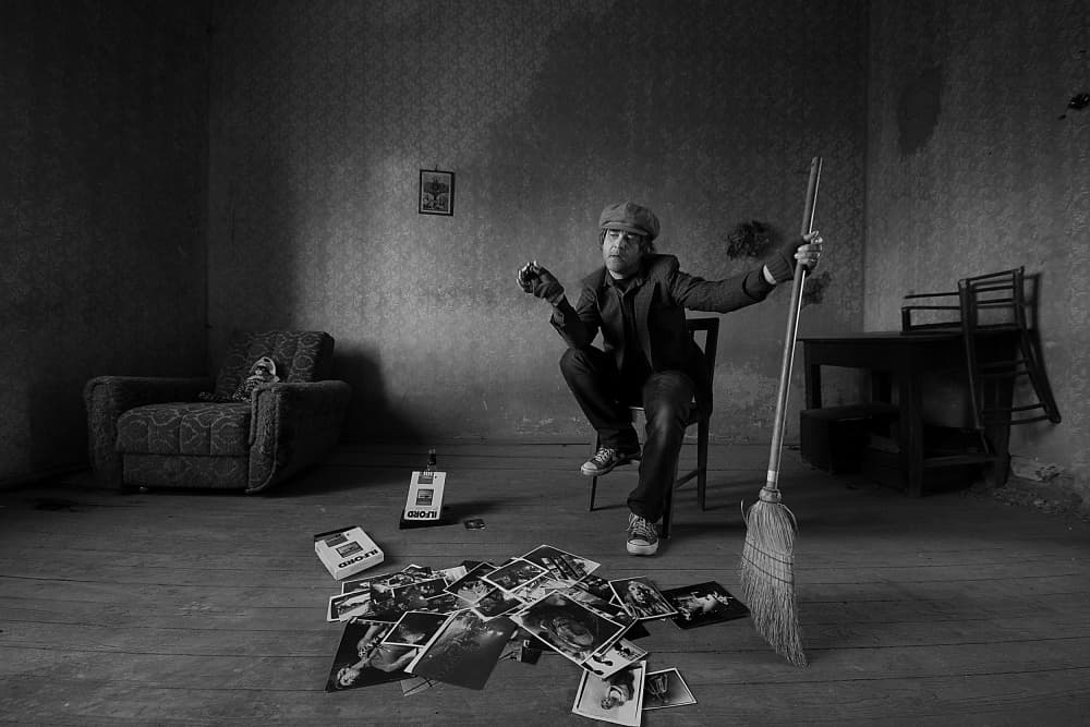 Thoughtful Man with Broom by mario grobenski - psychodaddy — canvas wall art