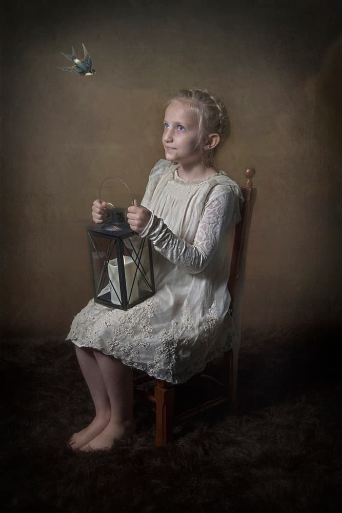 Girl With Lantern And Swallow by Carola Kayen-Mouthaan — canvas wall art