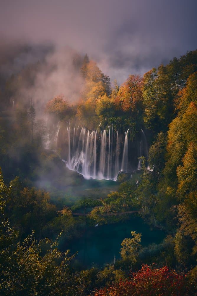 Misty Autumn Waterfall by Javier de la Torre — canvas wall art