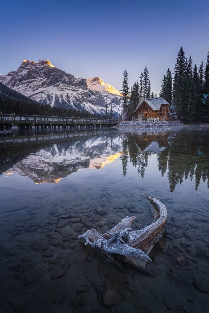 Mountain Lake Cabin Sunrise by Yongnan Li (李永男) — canvas wall art