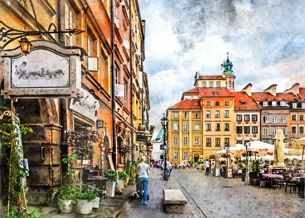 Vibrant Old Town Street by Justyna Jaszke — canvas wall art