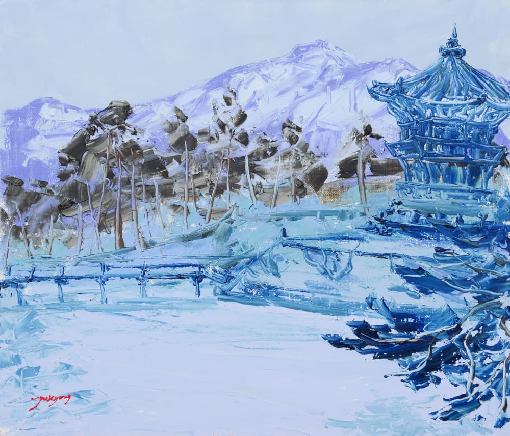 Tranquil Blue Winter Pagoda by Jukyong Park — canvas wall art