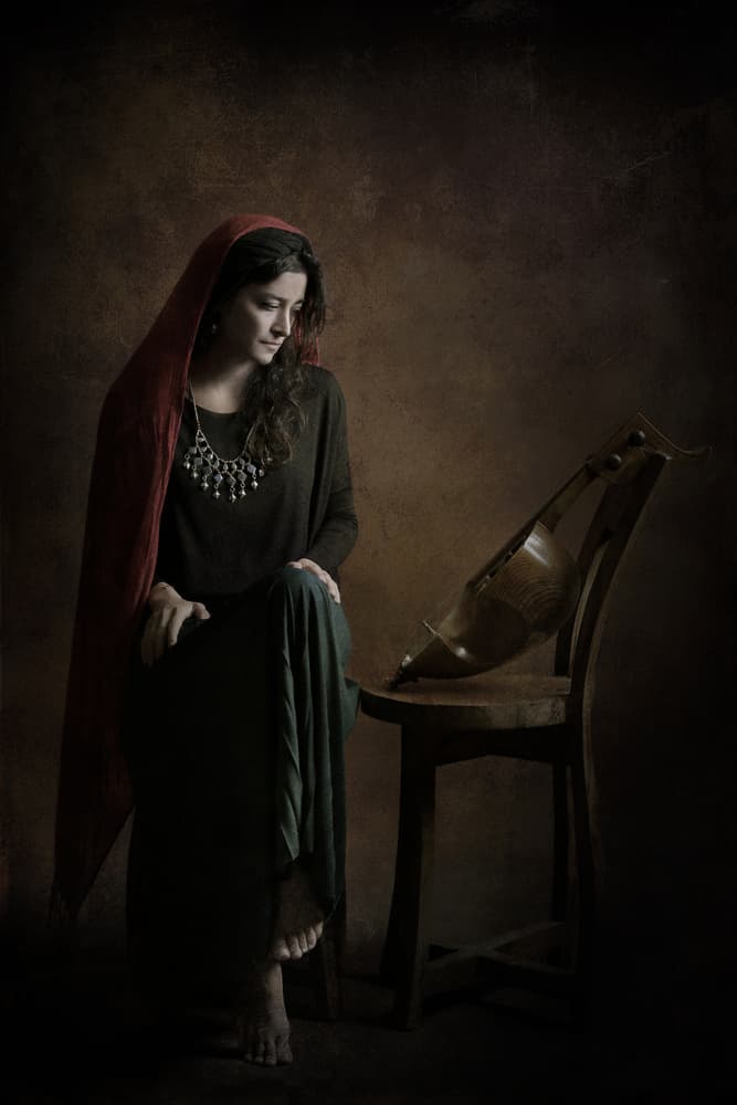 Thoughtful Woman with Lute by Moein Hasheminasab — canvas wall art