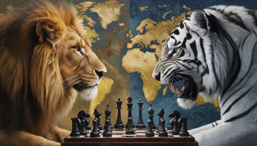 Lion Tiger Chess Match by HUGO — canvas wall art