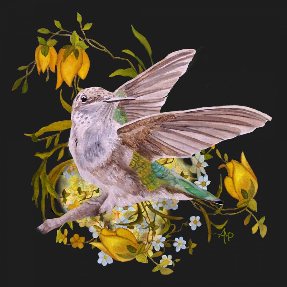 Elegant Hummingbird with Flowers by Angeles M. Pomata — canvas wall art