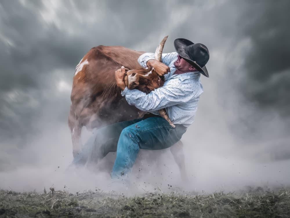 Cowboy Bull Riding Action by Frank Ma — canvas wall art