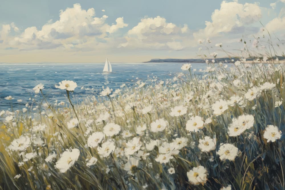 White Flowers Sailboat Coast by Melloi Art Prints — canvas wall art