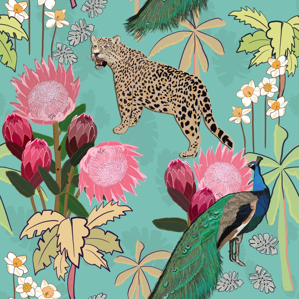Leopard Peacock Protea Jungle by GULSENGUNEL — canvas wall art