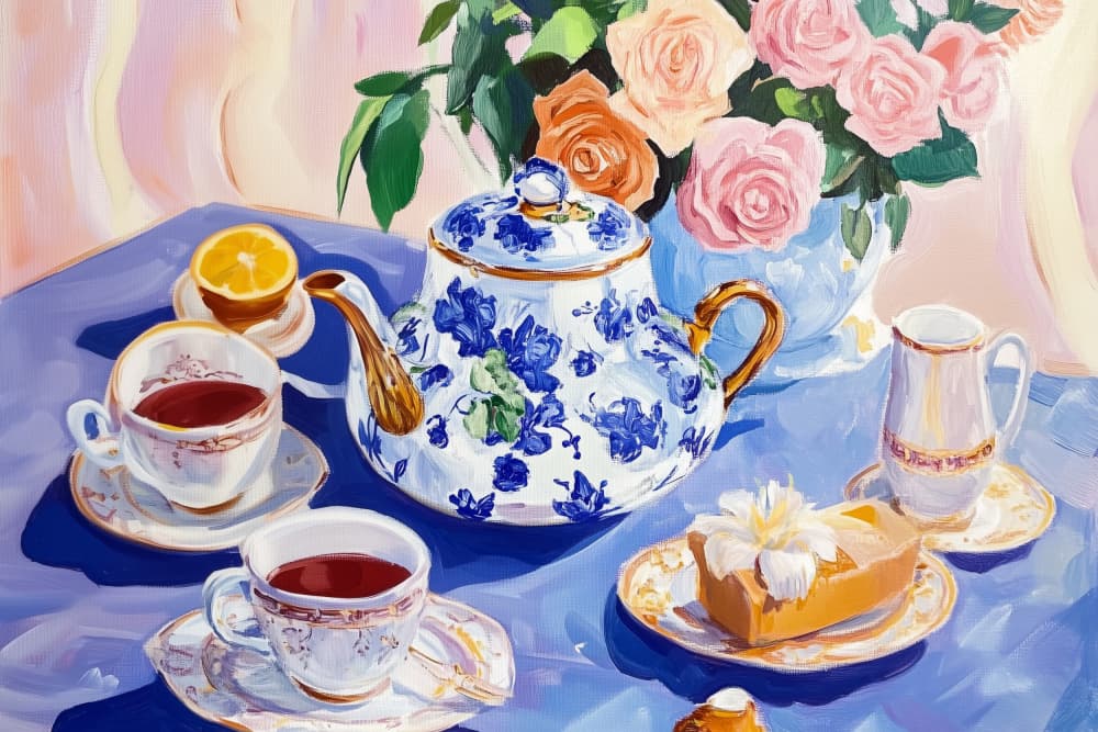 Afternoon Tea with Roses by Melloi Art Prints — canvas wall art