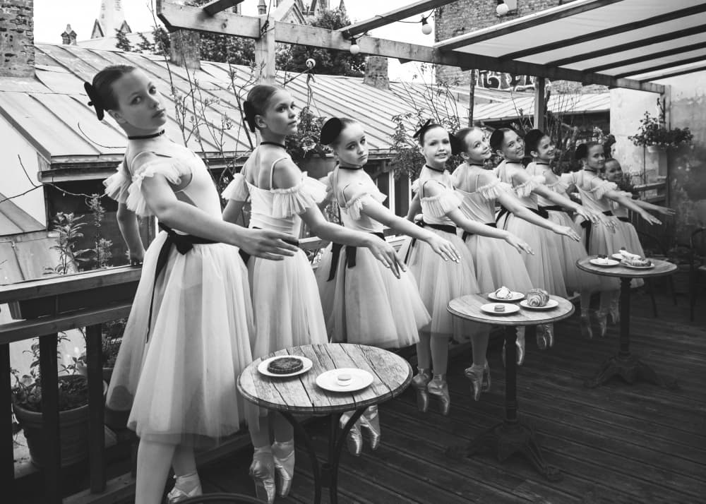 Ballet Dancers Rooftop Tea by Normunds Kaprano — canvas wall art