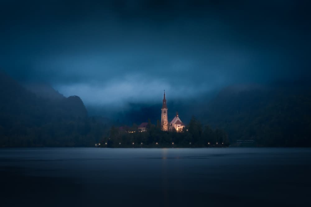 Misty Lake Bled Church by Bing Li — canvas wall art
