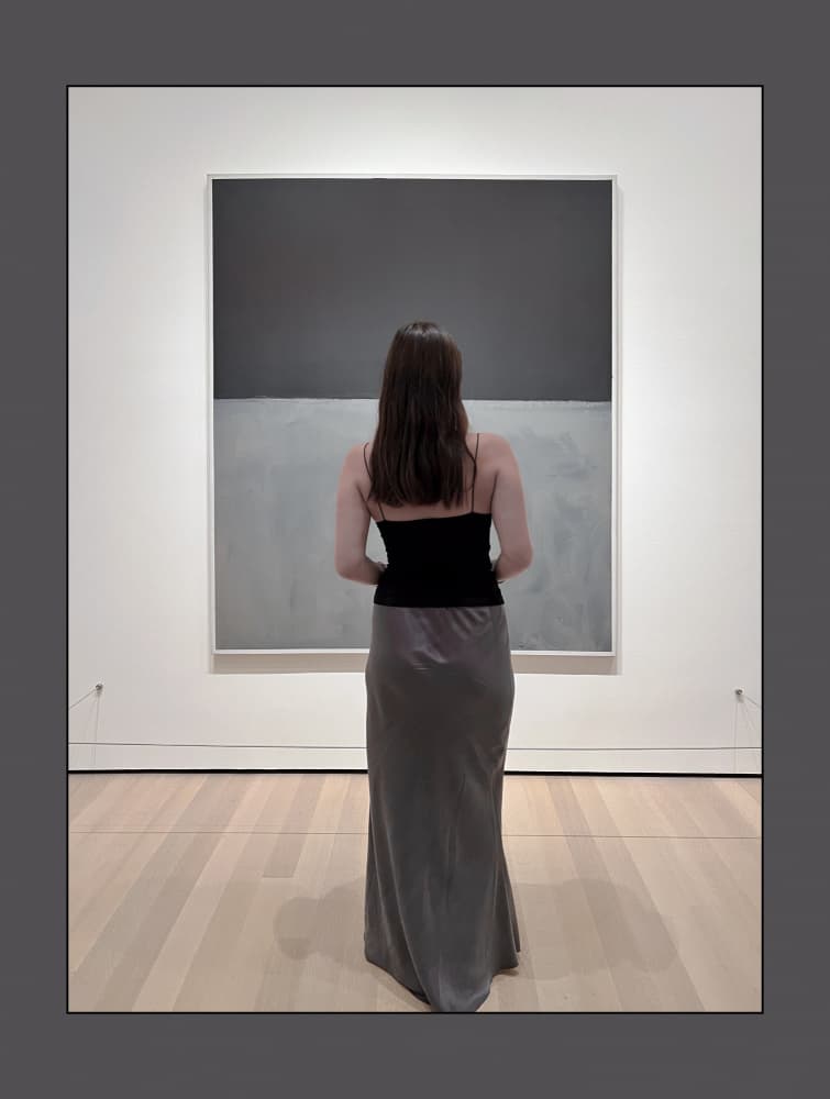 Woman Views Abstract Art by Dennis Zhang — canvas wall art