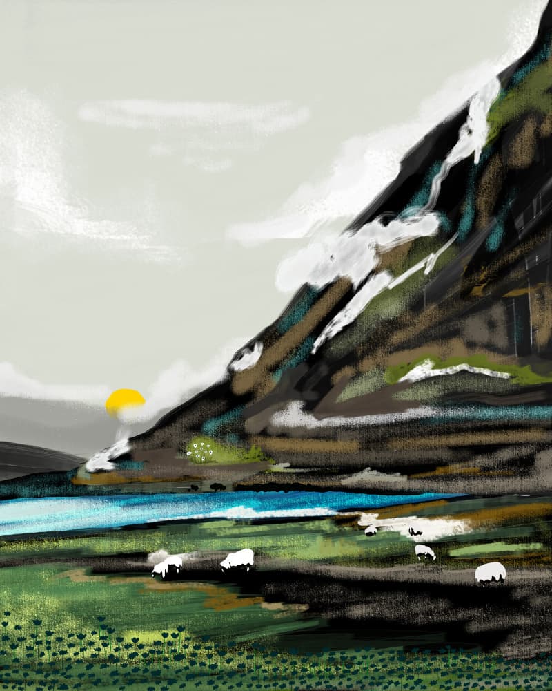 Peaceful Mountain Sheep Landscape by Uma Gokhale — canvas wall art