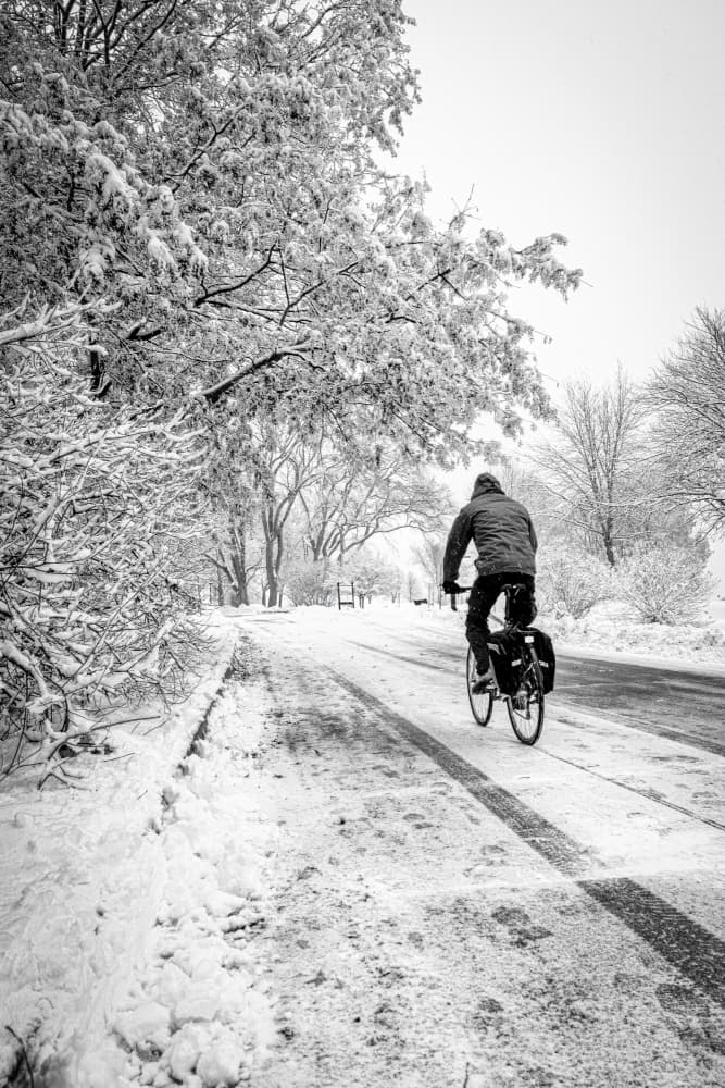 Snowy Winter Cyclist by Michel Groleau — canvas wall art