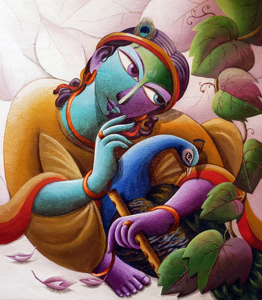Lord Krishna With Peacock by Dhananjoy Mukherjee — canvas wall art