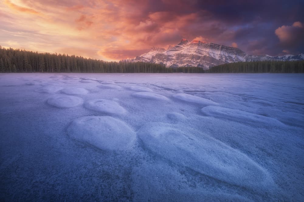 Frozen Lake Sunset Mountains by Carlos F. Turienzo — canvas wall art