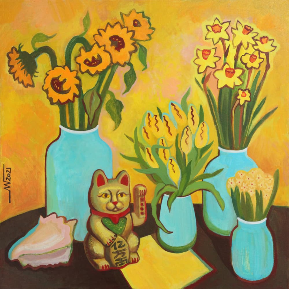 Happy Flowers Lucky Cat by Marina Gorkaeva — canvas wall art