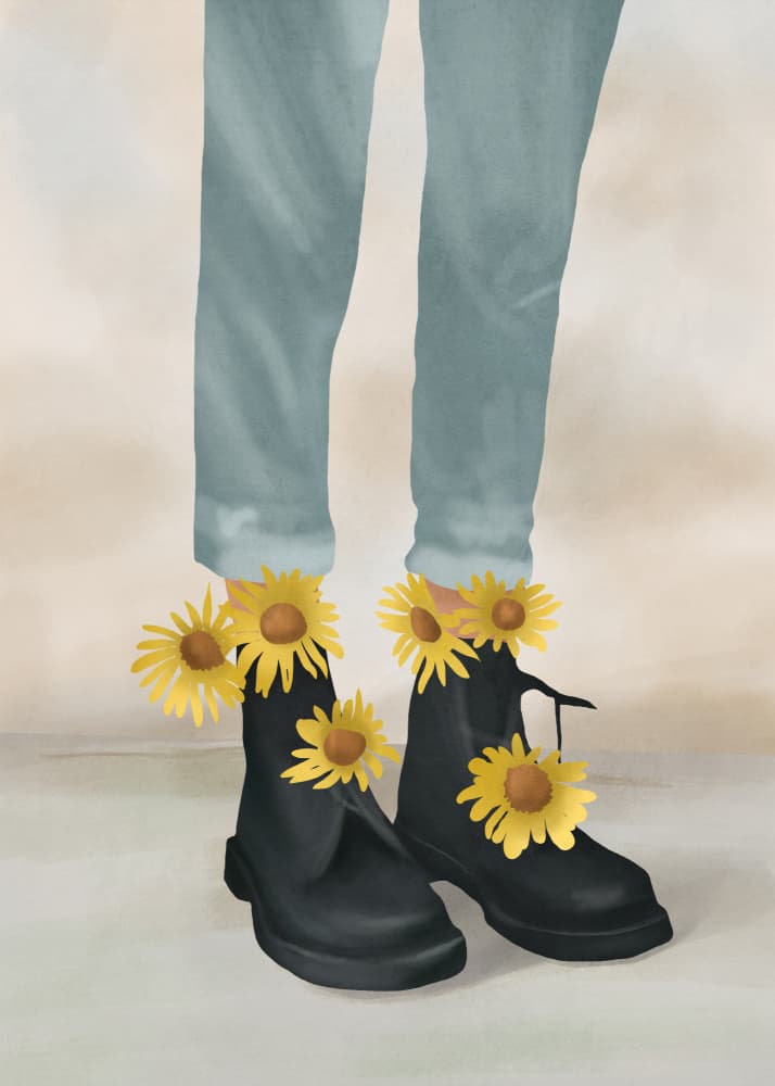 Denim Sunflower Boots by Flow Line — canvas wall art