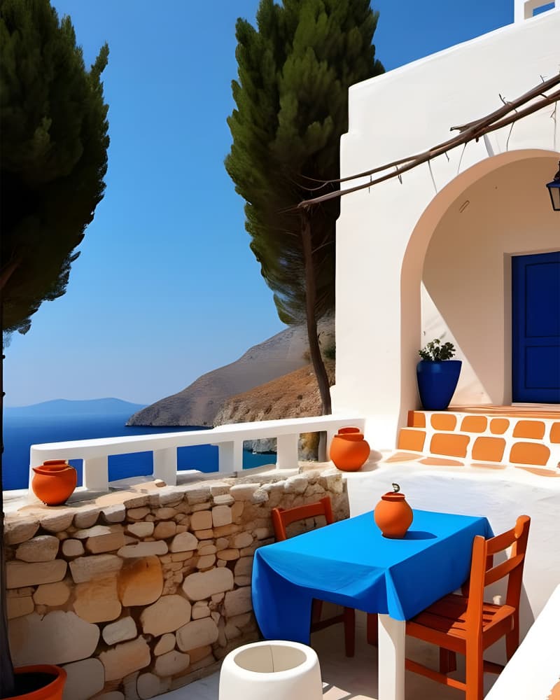 Sunny Greek Patio View by Kintsugi99 — canvas wall art