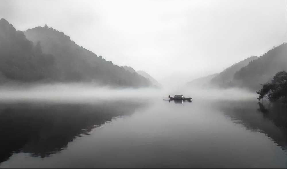 Misty Mountain Boat by Jie Jin — canvas wall art