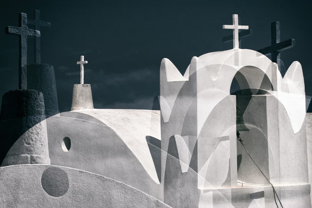 White Greek Church Crosses by Hans-Wolfgang Hawerkamp — canvas wall art