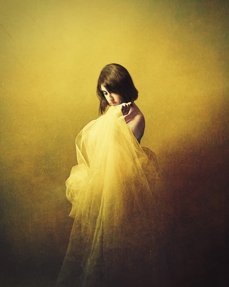 Pensive Girl Golden Drape by Mehdi Mokhtari — canvas wall art