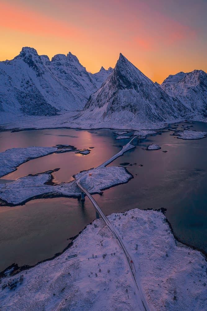 Snowy Fjord Bridge Sunset by Mei Xu — canvas wall art