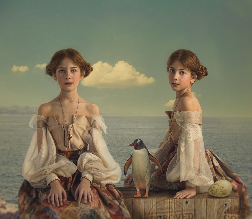 Dreamy Girls with a Penguin by Svetlana Melik-Nubarova — canvas wall art
