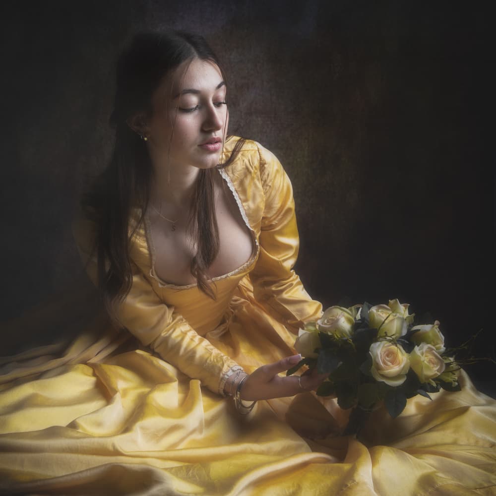 Elegant Woman Golden Dress by Martine Benezech — canvas wall art