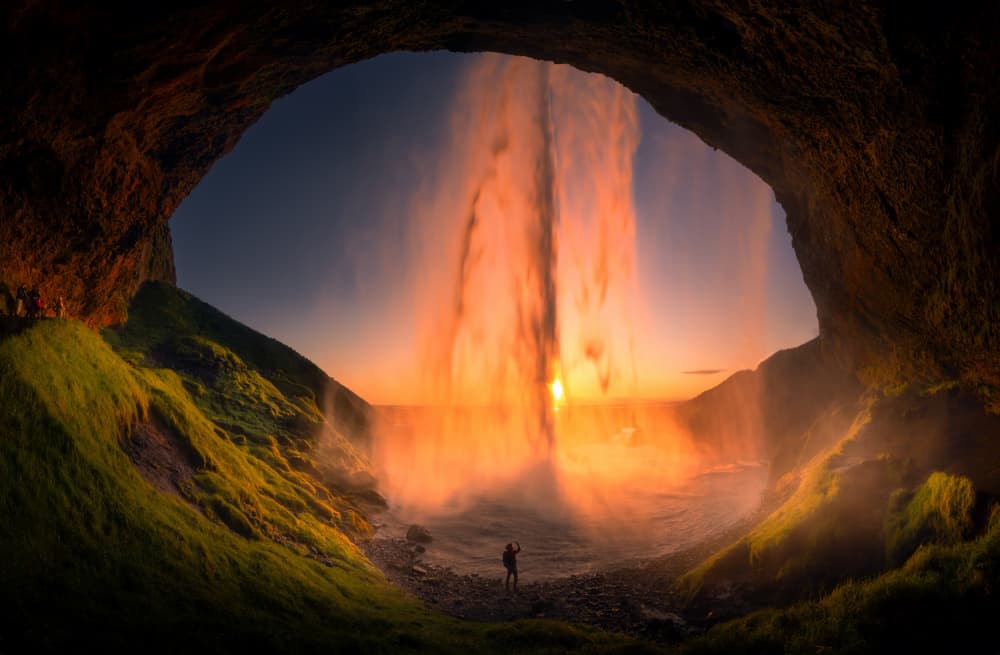 Golden Waterfall Cave View by Karol Nienartowicz — canvas wall art