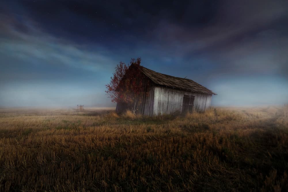Misty Night Barn by Mika Suutari — canvas wall art