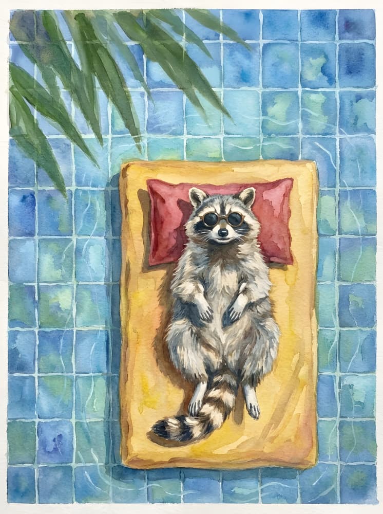 Chill Raccoon Pool Day by HUGO — canvas wall art