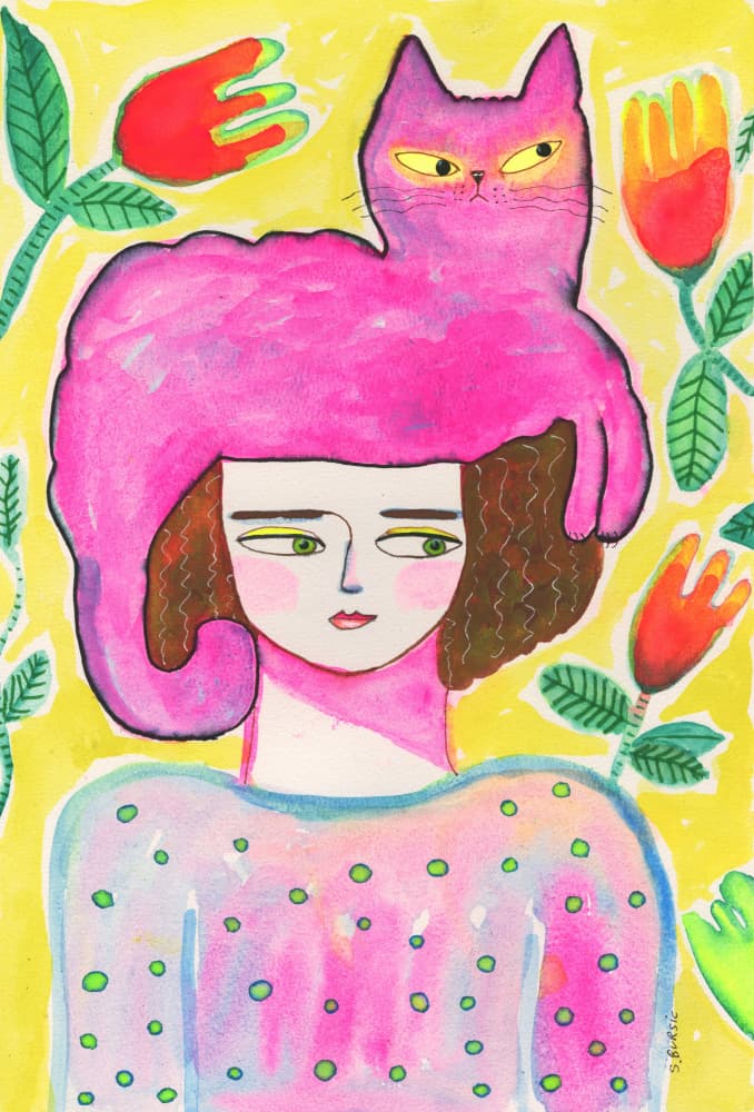 Whimsical Girl Pink Cat by Sharyn Bursic — canvas wall art
