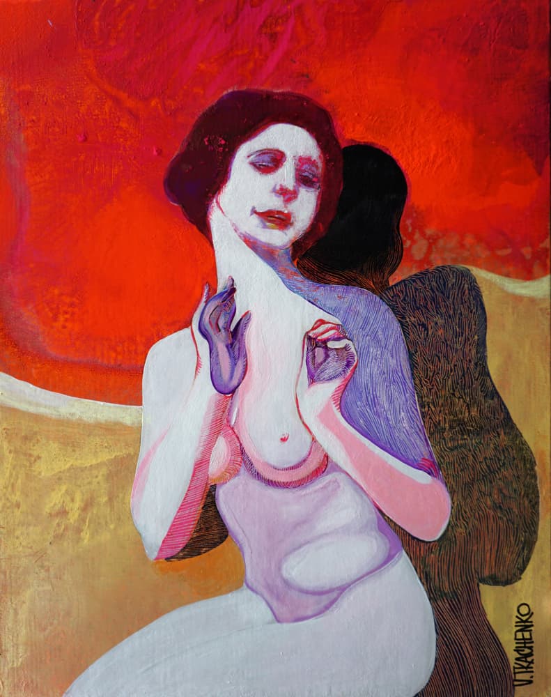 Pensive Woman in Red by Victor Tkachenko — canvas wall art
