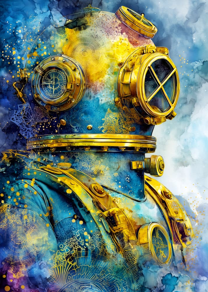 Blue Gold Steampunk Diver by Justyna Jaszke — canvas wall art