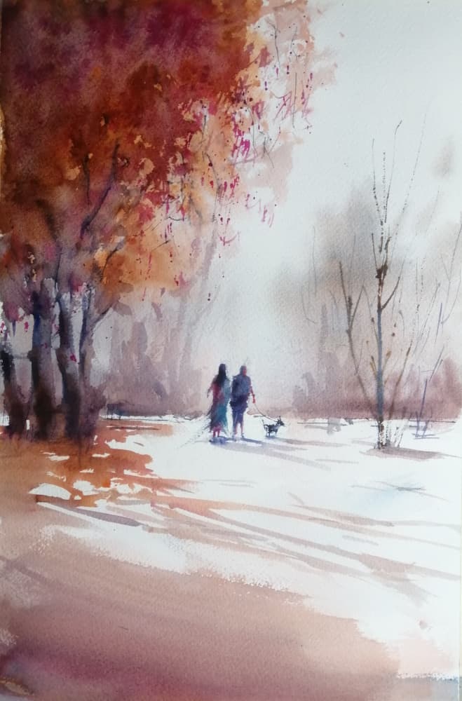 Couple's Autumn Stroll by Giorgio Gosti — canvas wall art