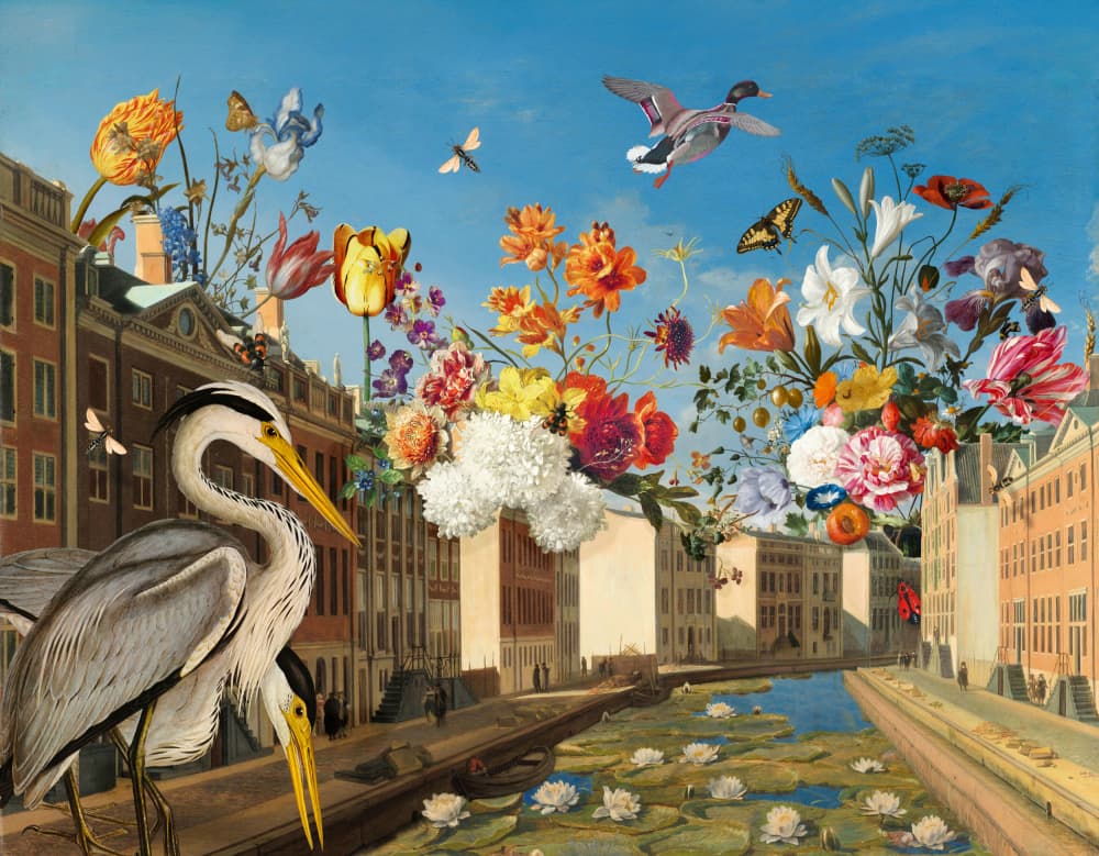 Heron's Floral City Dream by Marja van den Hurk — canvas wall art