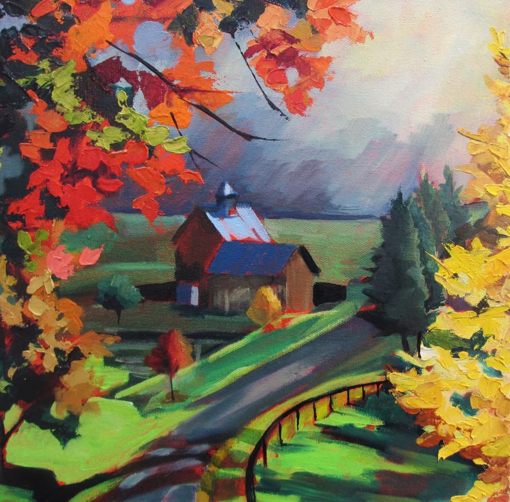 Autumn Road to Barn by Maxine Shore — canvas wall art