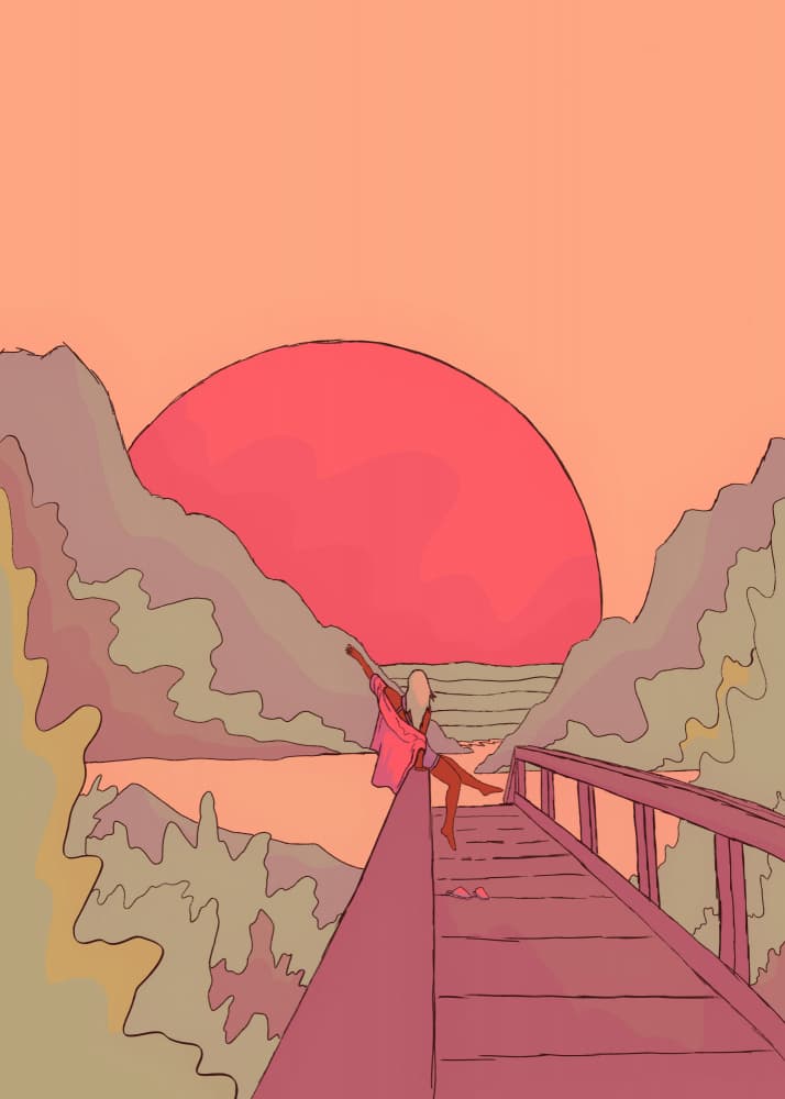 Woman On Sunset Bridge by Stephen Wade — canvas wall art