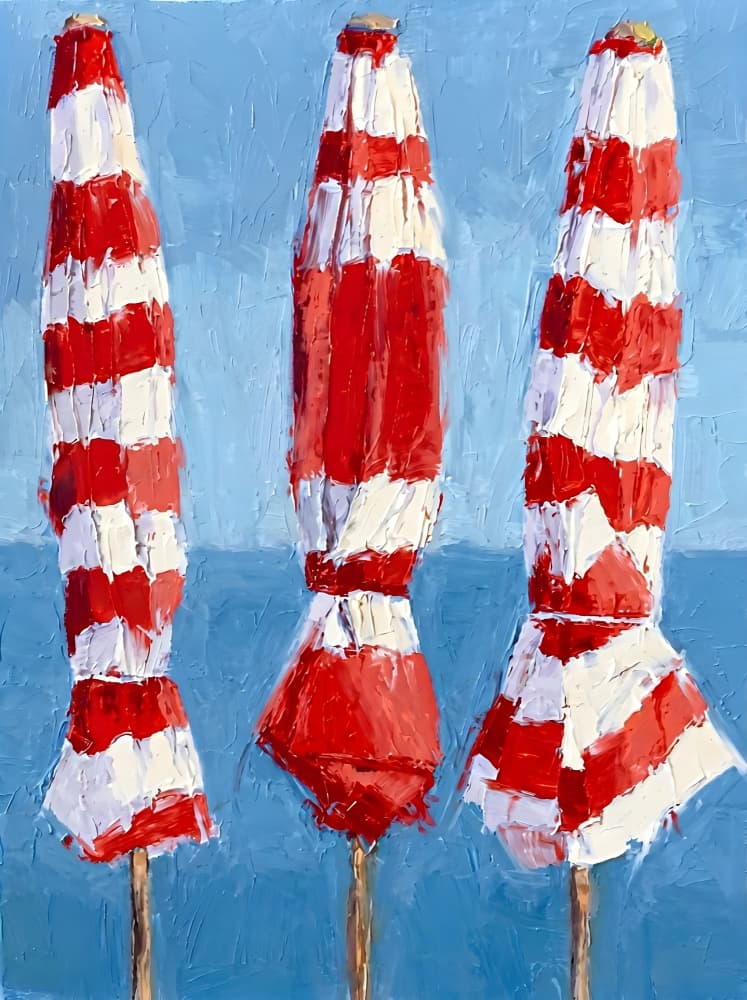 Red White Beach Umbrellas by HUGO — canvas wall art