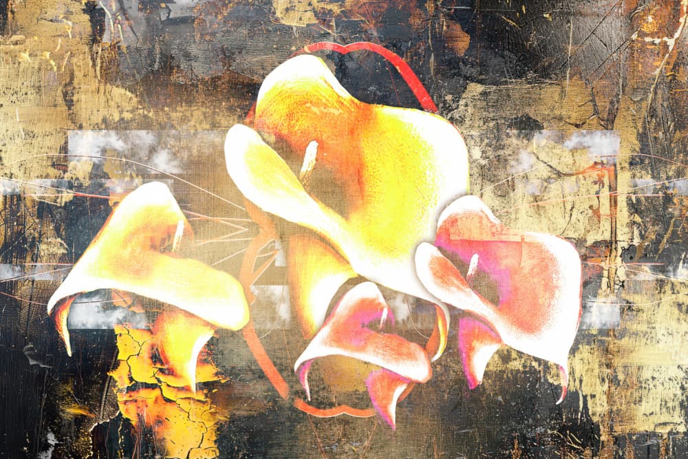 Golden Grunge Calla Lilies by Rafal Kulik — canvas wall art