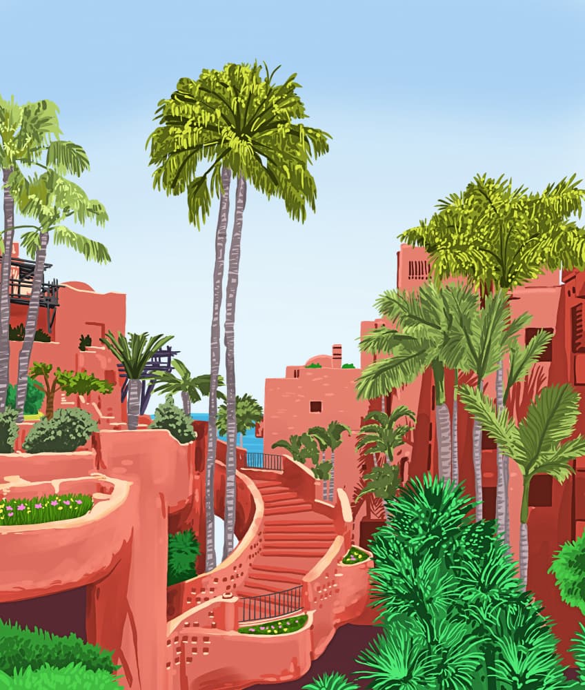 Terracotta Resort Palms by Uma Gokhale — canvas wall art