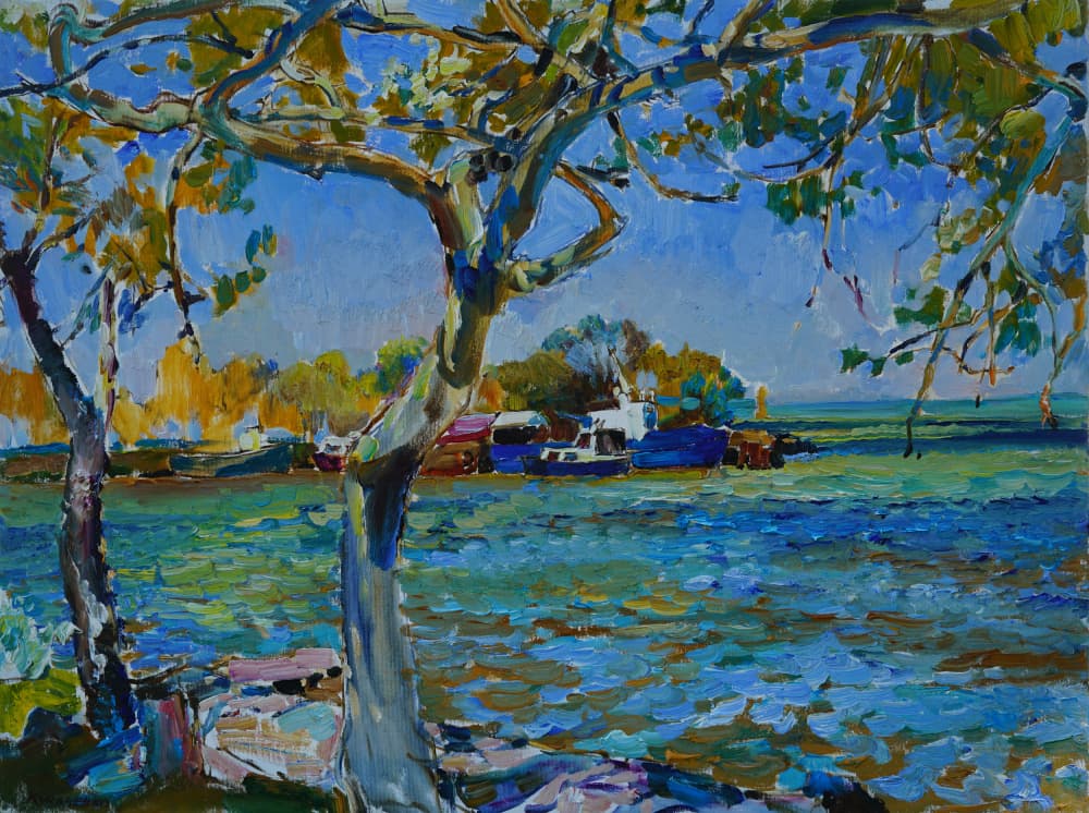 Sunny Riverbank Boats by Andrii Kutsachenko — canvas wall art