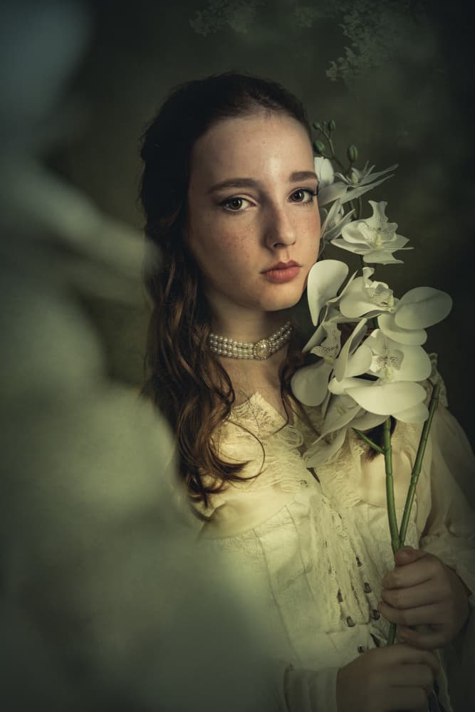 Vintage Girl White Orchids by Sharon Levy — canvas wall art