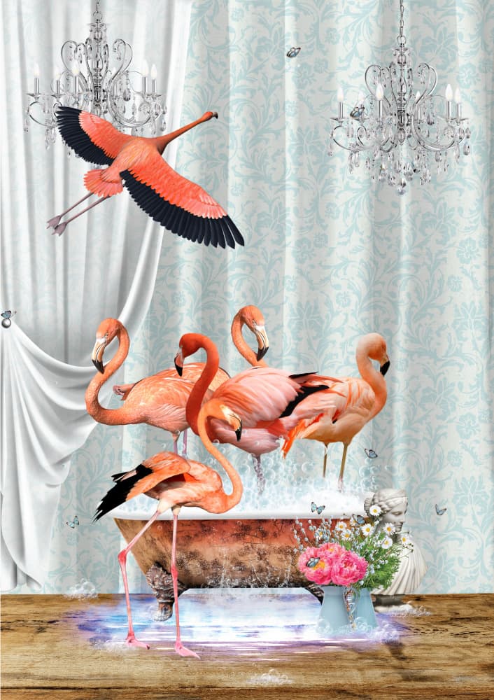 A flurry of Flamingos & Bubbles by Sue Skellern — canvas wall art
