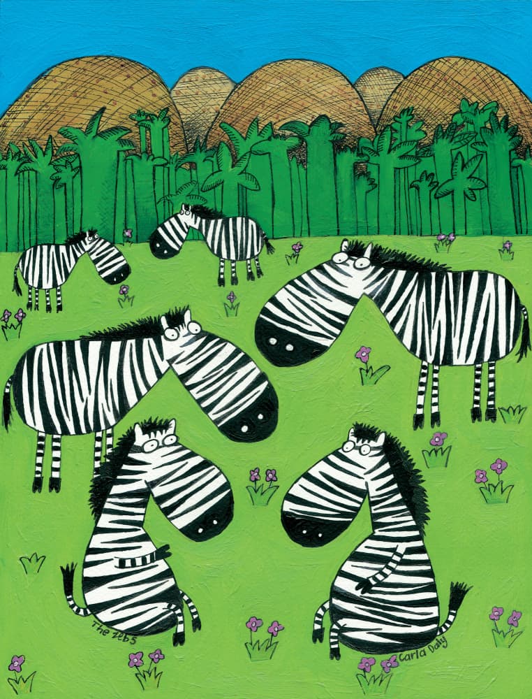 Funny Zebras Green Meadow by Carla Daly — canvas wall art