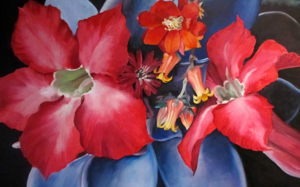 Vibrant Red Blue Flowers by Maxine Shore — canvas wall art