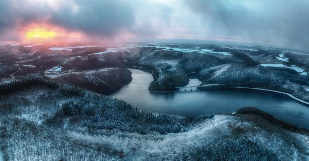 Snowy Lake Sunrise by Guy Krier — canvas wall art