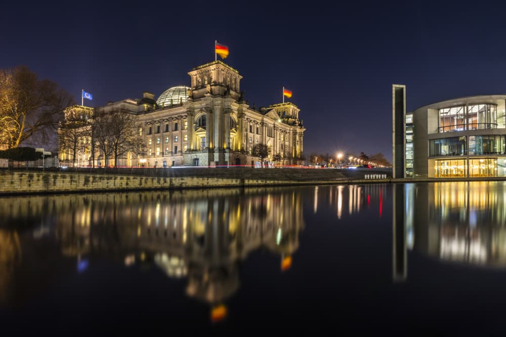 Reichstag Reflections at Night by Melanie Viola — canvas wall art